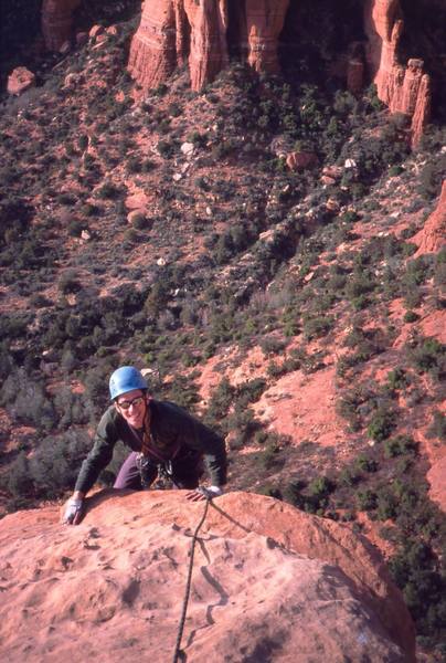 Chris Parks finishes up on the summit Pitch of 'Dr Rubo's Wild Ride' (10a) at Sedona. Photo by Tony Bubb, 12/03.