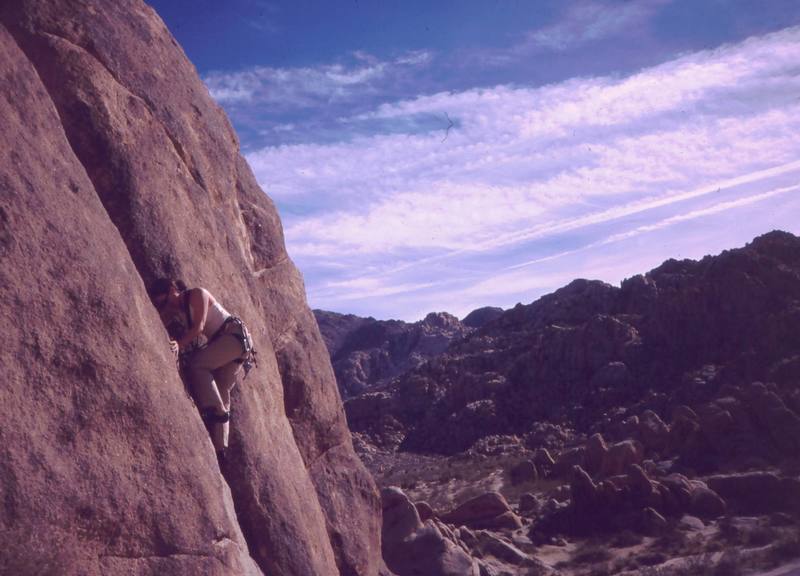 An unknown climber on 'We Dive at Dawn' in Indian Cove. Photo 12/04 by Tony Bubb.