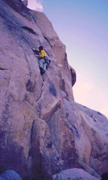 Chris Parks starts up 'Toxic Avenger' (10b) on Condor Rock in Indian Cove. Photo by Tony Bubb, 1/05.