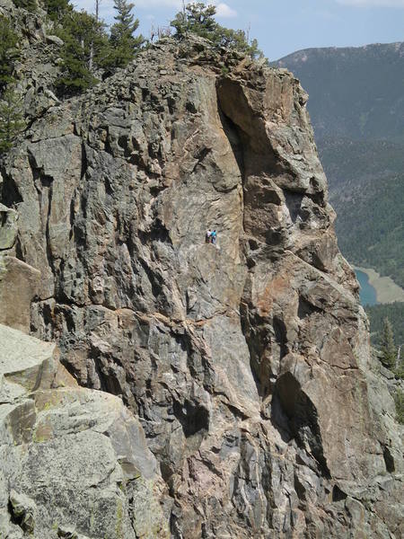 Jason and Tony at the belay below the last pitch. EOA is in the corner to the right, WOW is right of that. Higher Calling is 15' to the left.