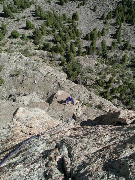 Looking down the third pitch of Priceless, the first route put up on The Halidome.