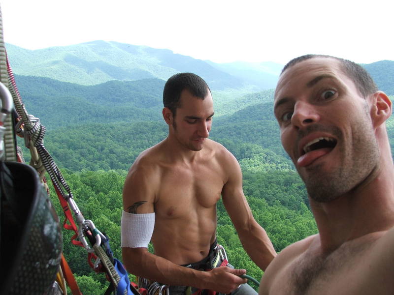 Chad and Lee racking up for a go on the crux 5.13 pitch of the Menagerie. Lee cruised this pitch second go.