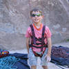 Cody feeling the pump after his first lead (Mr. Breeze, 5.2) at Penitente Canyon, CO. June 2007.