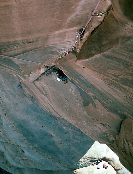 Tony Sartin at the belay station on Speak No Evil. Photo; Todd Gordon