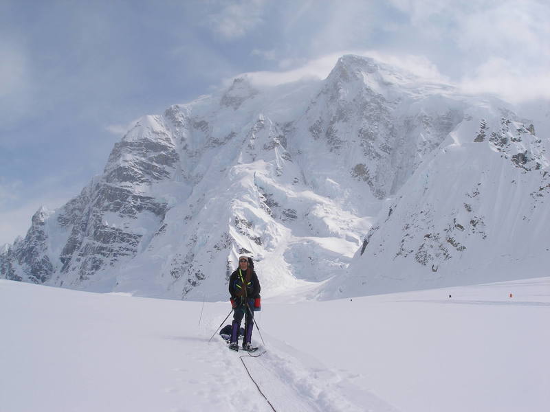 Headed down Hearbreak Hill from Base Camp beside the Base Camp landing strip, at about 7,100 feet. Mount Hunter (14,570 feet) in the background.