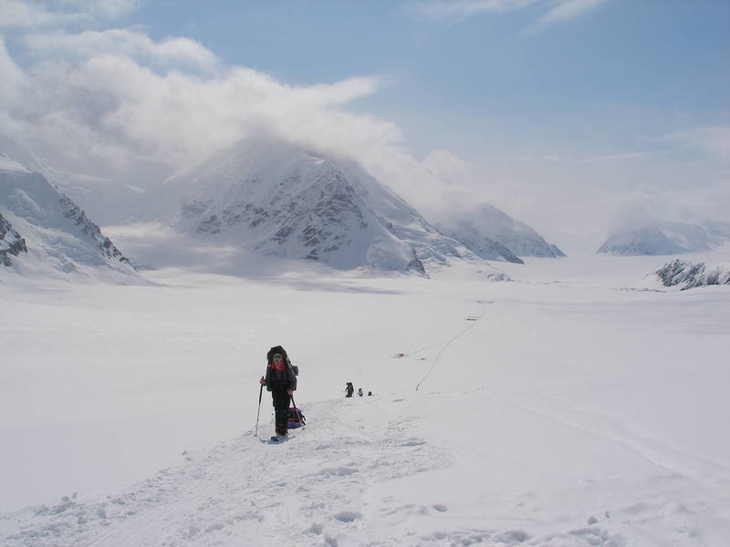 Looking back down the Kahiltna Glacier from the top of Ski Hill, at about 7,500 feet. Advanced Base Camp is visible in the middle of the glacier.