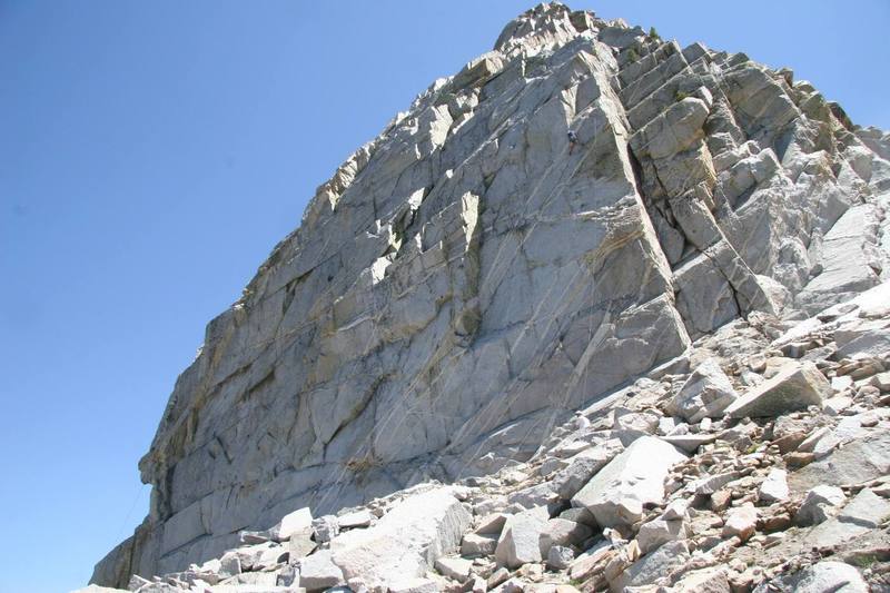 Highlands Wall, Crystal Crag. A climber is visible on Lagavulin (5.10c).