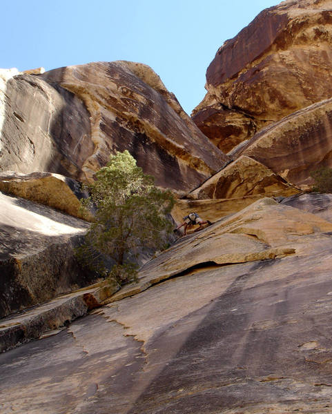 Brett getting in some pro before pulling the roof (crux) of Soylent Green Jeans. Fun climb!<br>
<br>
Taken 6/27/07