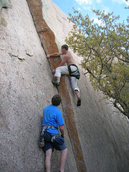 Greg and I, trying Orange Peel Trad. It requires small/micro stoppers, tri-camp, and cams. It gets easier after the first 25-ish feet.