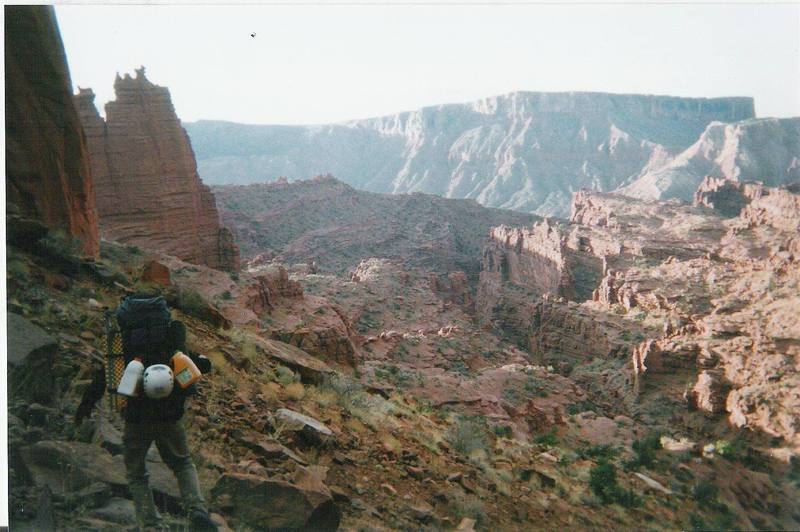 Hiking out after climbing Doric Column. Gothic Nightmare is in the distance.