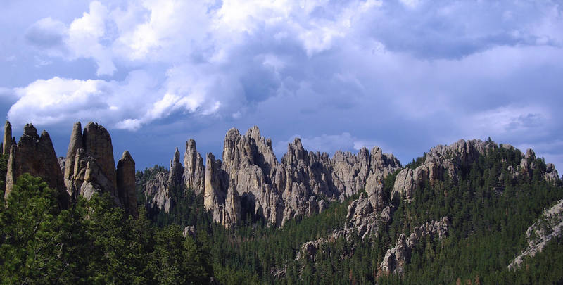 Afternoon storm brewing over the Spires. View from the top of Hairy Pin.