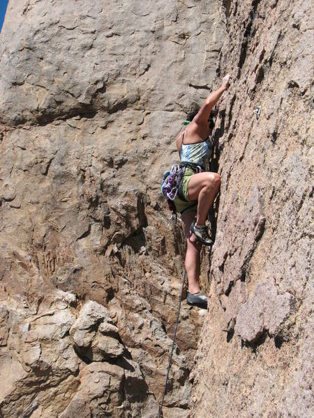 Deb climbing the lower portion of Gold Bug (5.8), Holcomb Valley Pinnacles
