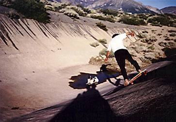 Don't forget the skate when visiting the "stone crusade" boulders. You will find this fun ditch just east of the campsite. Bring a broom. Jim Hammerle rips it in the early 90's.