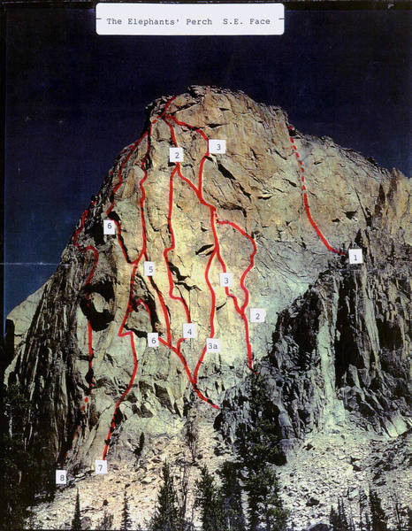 Elephant's Perch - South Face<br>
<br>
8. Lost Horizons 5.10 A2+ <br>
7. The Seagull 5.10 A3 <br>
6. King's Highway 5.9 A3 <br>
5. Myopia 5.11a *** <br>
4. Divine Guidance 5.11- * <br>
3a. Elephant's Eye Var. 5.10+ A3 <br>
3. Elephant's Eye 5.10+ A3 <br>
2. Astro Elephant 5.10a ** <br>
2.A. Sideline Variation 5.9 <br>
1. Sunrise Book 5.12a or 5.10a A1 ** <br>