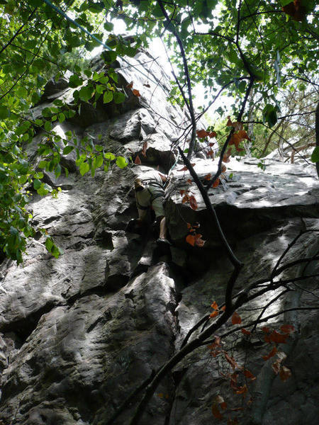 Jon Manegold at second overhang (crux) on Pork Loin 5.8 variation