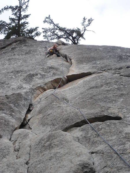 Above the crux on The Hernia (5.8, Suicide Rock) Whew!<br>
<br>
photo by Tom Donnelly