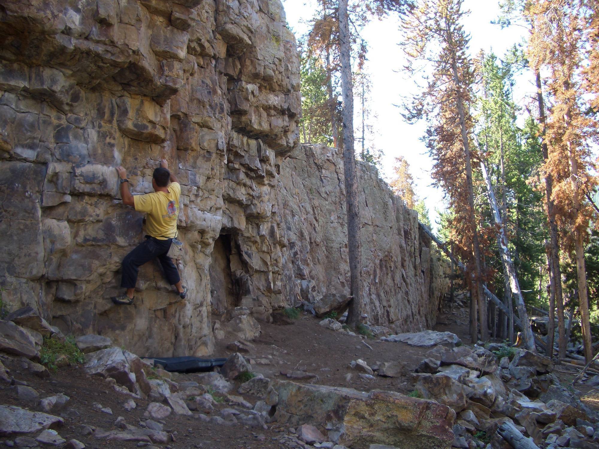 Bouldering at the Swan Mtn Road Crag.
