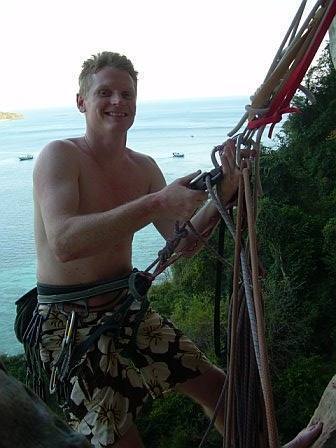 Me, semi-hanging belay at the top of p2, Rev De Phi Phi Dom