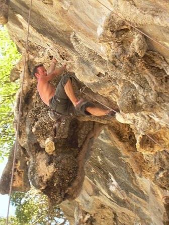 Jason B. from the UK crusing the upper section of Stalagasaurus. Steep rock with big holds!