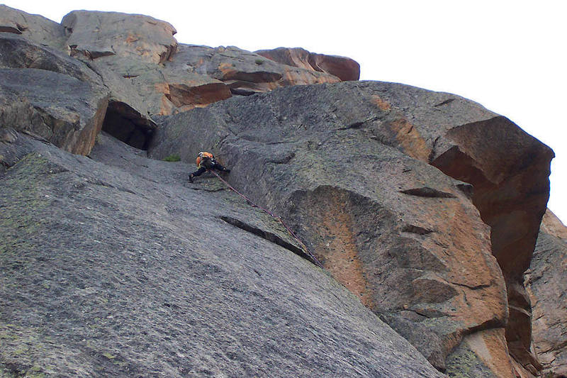 Looking up at the first pitch...<br>
<br>
Although this pitch was rated the crux, I found it noticeably easier than pitches 5 and 7 as marked on the topo.