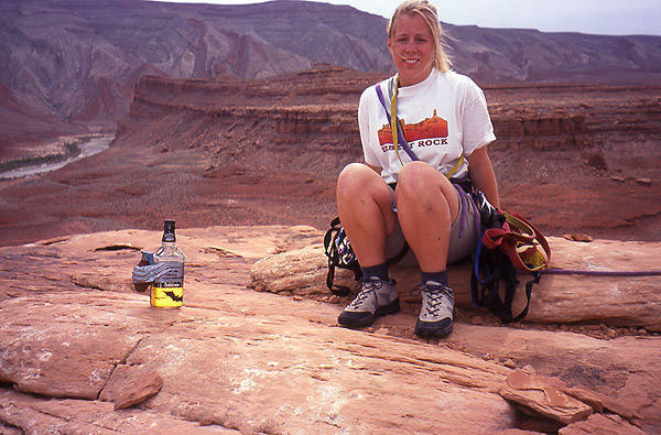 Andrea Gordon on the summit of Mexican Hat. Photo; Todd Gordon