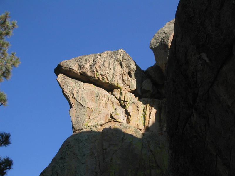 Lizard's Head on the North West corner of Motherload Rock. Whiptail (5.9) climbs the north (back side in this pic) side and the final move ends with an arm lock in the lizard's mouth to clip the anchors.