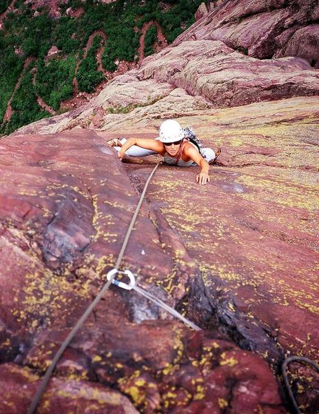 Joseffa Meir approaches the crux moves of the third pitch (10b) of 'The Naked Edge' in Eldo. Photo by Tony Bubb, 5/07.