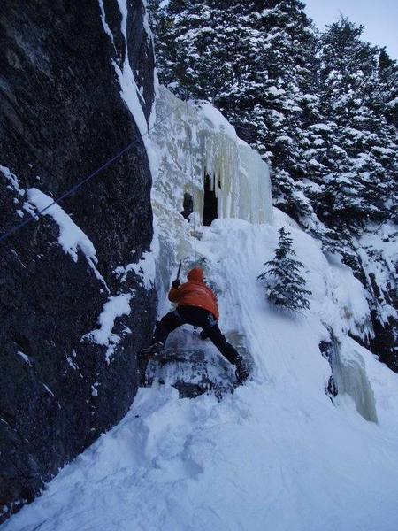 Not sure of the name of this one, but it's at the end of the climbing area, maybe 100 feet past Lochluster and Rock, Wood, Ice. A good, solid WI4 and a really fun, must do climb!