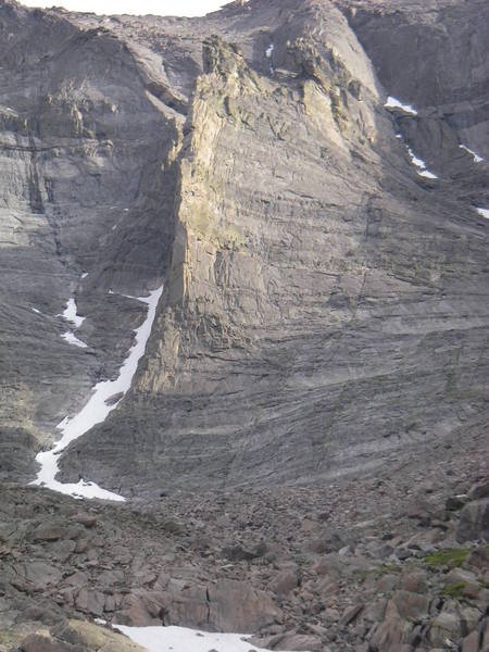 Buttress glowing. We found a descent path down right-side of this photo vaguely marked with cairns