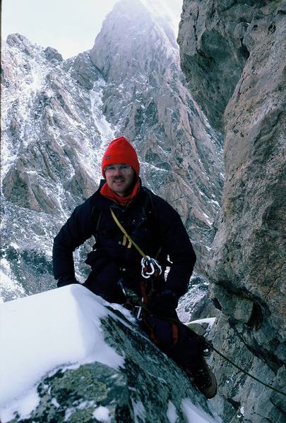 Just above the notch at the top of the Black Dike with the Grand Teton in the background (9/86).
