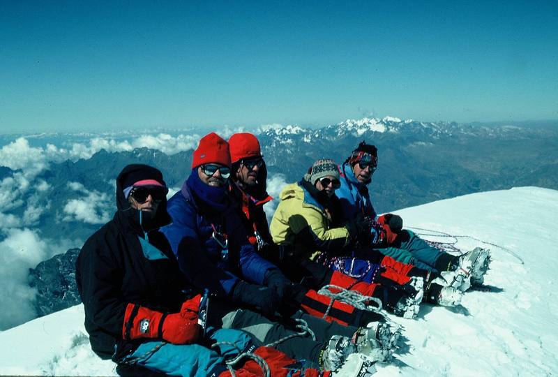 Nevado Illimani's North 21,205 ft. summit (6/93). Note: Tommy Caldwell in yellow at age 14. 