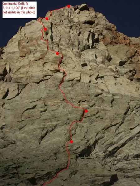The route on the lower buttress. Summit pinnacle pitch described in seperate photo. 