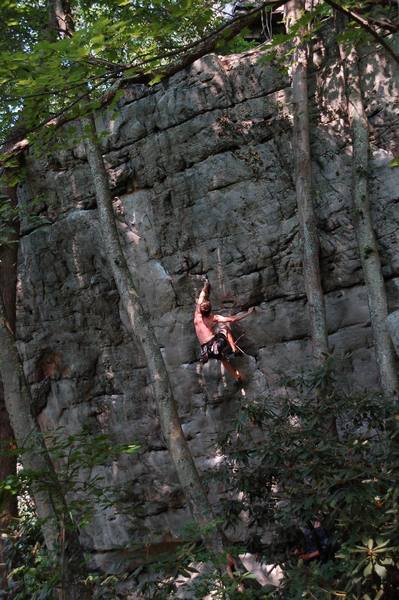 Ladd Raine making yet another hard, awkward move on this not-quite fun climb.