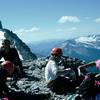 Rope team I led up Mt. Strom with Mt. Sturdee -- a satellite peak of Mt. Assiniboine on the left in the background (8/91).<br>
<br>
Photo by Paul Huebner 