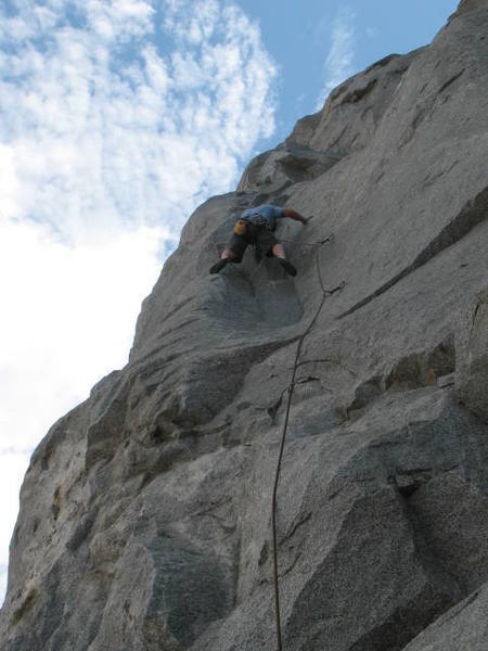 Approaching the crux of Groove Factor (5.10a), Riverside Quarry.