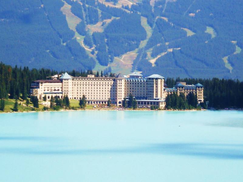 View from on the climbing wall at the far end of the lake, looking back at the Chateau.