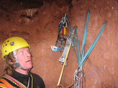 Raw terror is expressed at the shaky belay by Aaron Shileikas. Some of the pieces flex...and the whole shebang is held together by one sling. Skeetchy...