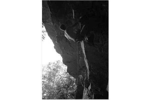 This is right after the second bolt. The next two or three move there are no feet and it is easier to campus than to try to get a heel in the crack
