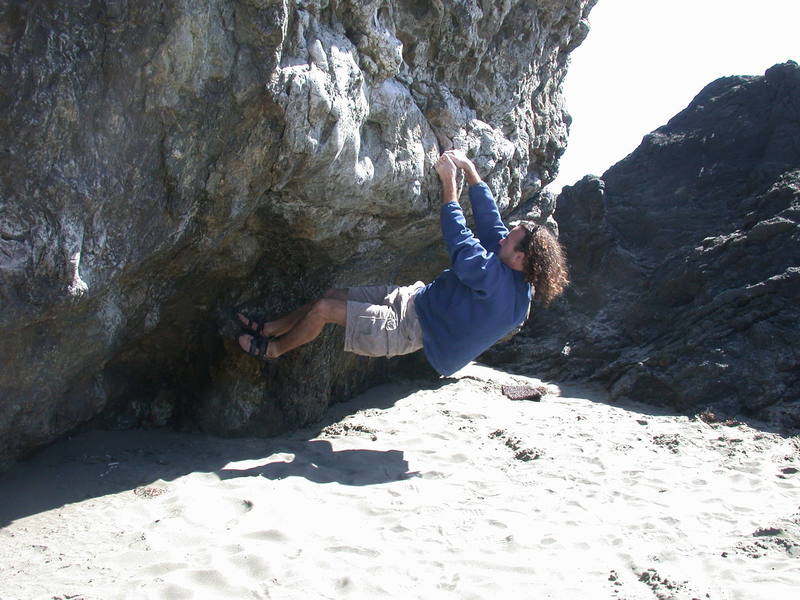 The Jugs boulder has a number of fun, steep problems. Marc on a perfect August day.