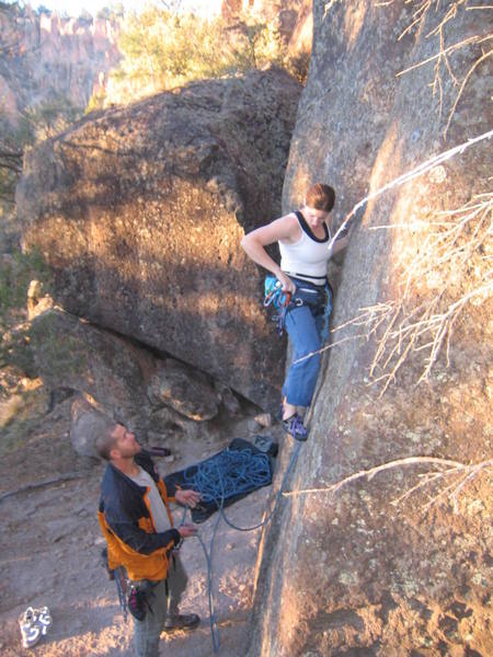 Rachael setting off on her first lead, Laurel's Ledges, at Cochiti Mesa. Scotty-B on the belay.