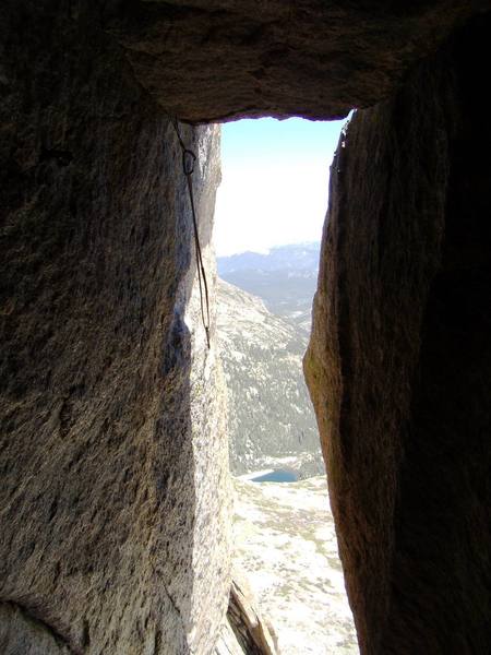 looking out from the crux roof/chimney pitch.  Sykes Sickle, RMNP. June 2007.