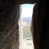 looking out from the crux roof/chimney pitch.  Sykes Sickle, RMNP. June 2007.