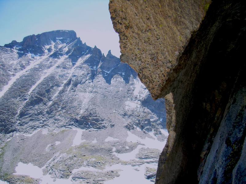 Longs Peak from the belay at the crux pitch of Sykes Sickle. RMNP June 2007.
