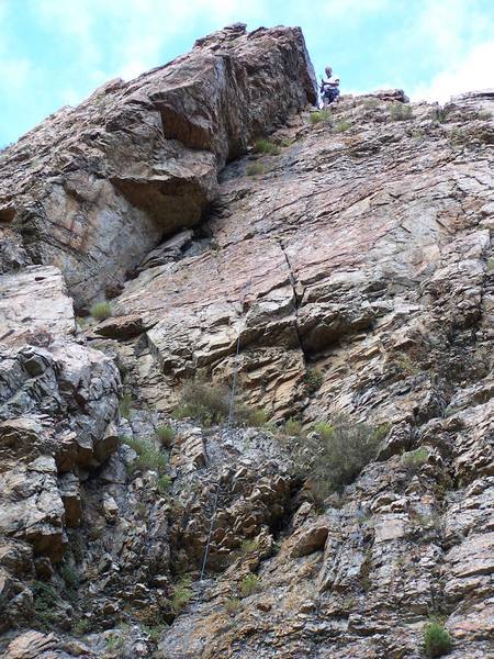 From the anchors on MEGA, you can see that there are rappel anchors for a second pitch of Worthy Whoopsie. After climbing the first pitch a few times, it is beginning to grow on me, but the second pitch is not "worthy", so it must be the "whoops" of the route. It was super easy climbing over bad choss. For choss mining adventurers, you'll love it! Bring a selection of nuts and big cams.