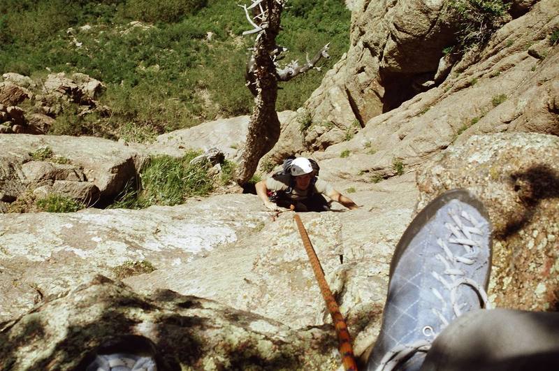 Matt near the bolt on the 4th pitch. Note that, after the bolt, the official route trends to the climber's left and not straight up as indicated by the rope. At the time of this picture, we did not realize that our "adventure climb" had joined up with the 4th pitch of Wildflower route.