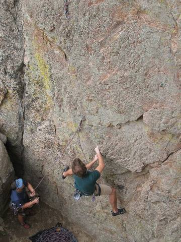 Phil starting up Dead Man Chalking (5.10b), Holcomb Valley Pinnacles