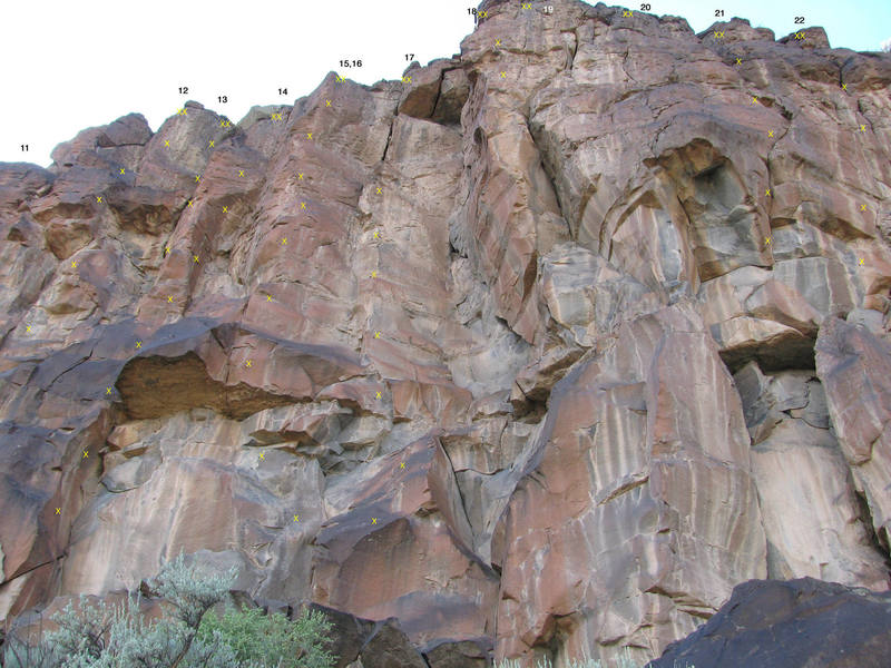 Classic section of the cliff with high concentration of quality routes. #14 is Tijerina