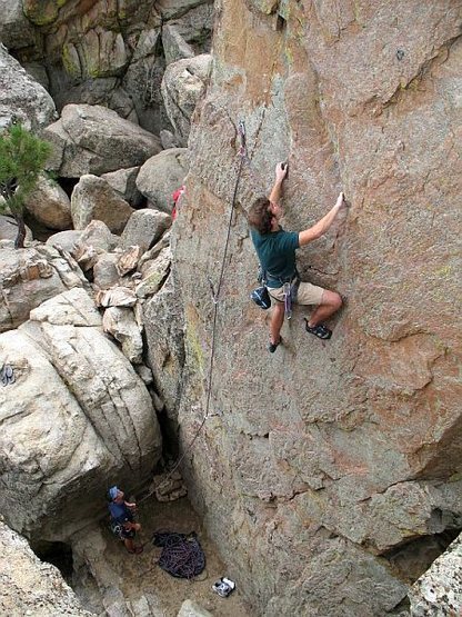 Phil enjoying the moves on Dead Man Chalking (5.10b), Holcomb Valley Pinnacles