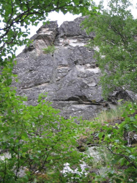 North aspect of Main Rock formation; this face is shared by When Free Climbers Wore Hammers 5.7+ located on left side of photo near the tree at 2/3 height; The Baxter Route 5.10R shares same start and ascends upper right hand face.