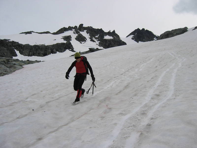 Glissading down the Anniversary Glacier after climbing Joffre.